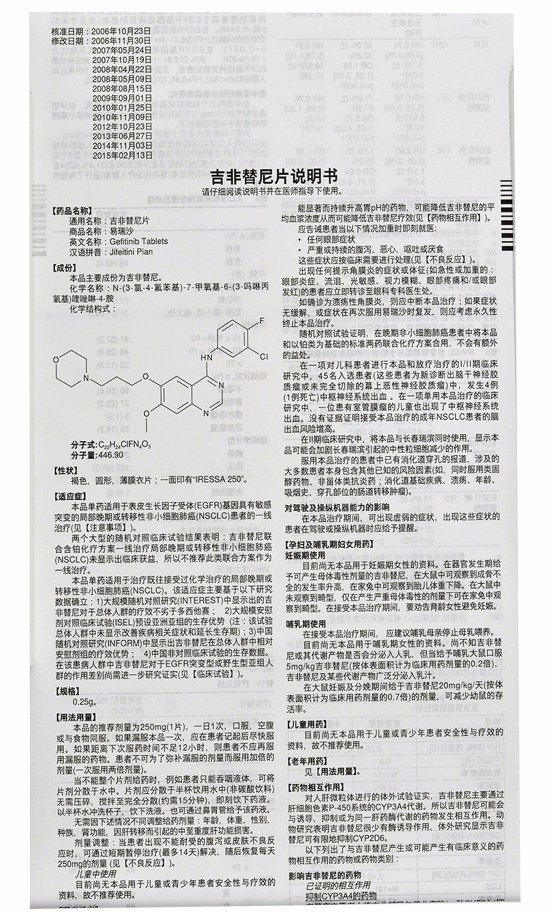 【易瑞沙 吉非替尼片 0.25g*10片】价格,说明书,副